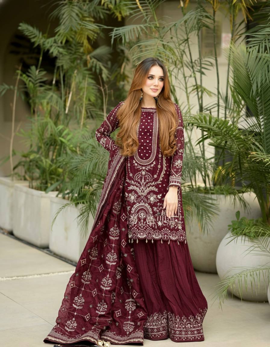 Designer Party Wear Look Pur Heavy Faux Georgette Top Plazzo & Dupatta Set