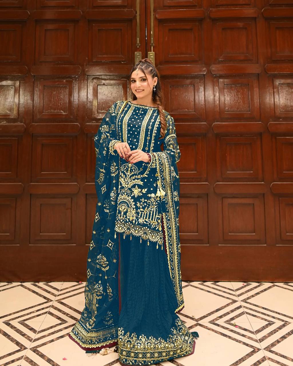 Designer Party Wear Look Pur Heavy Faux Georgette Top Plazzo & Dupatta Set