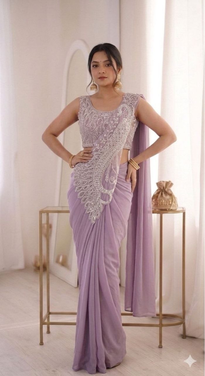 New Super Trending Embroidery Sequence work ready to wear saree with Embroidery Blouse