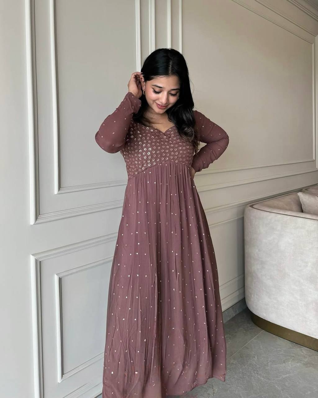 Designer Party Wear Look Brown Colour Gown