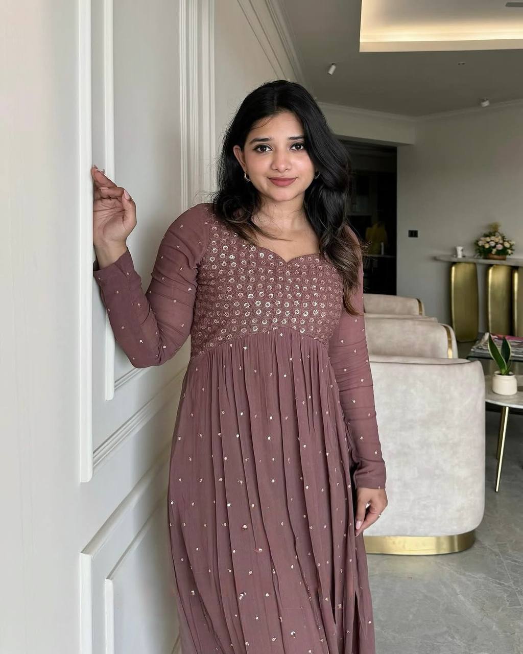 Designer Party Wear Look Brown Colour Gown