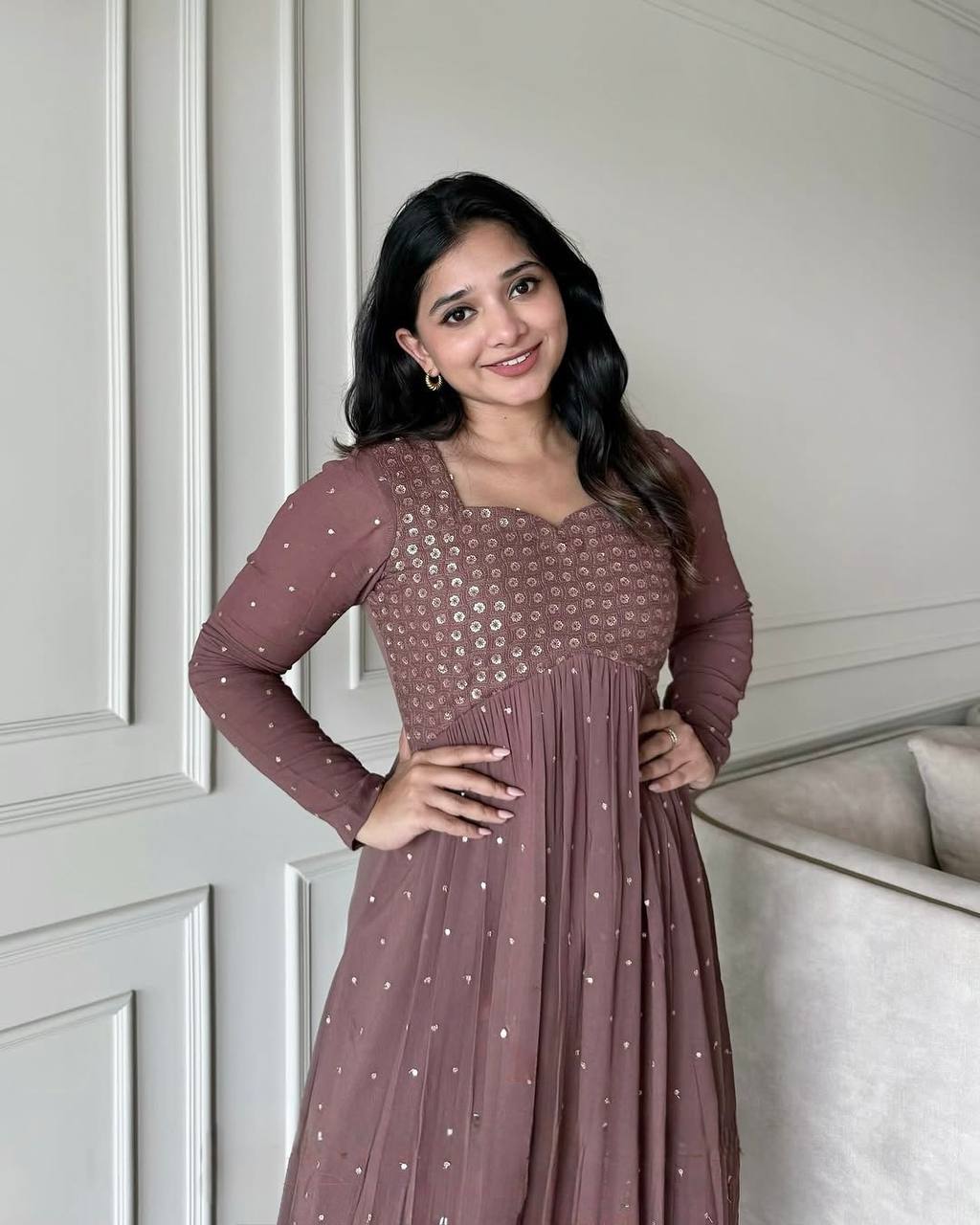 Designer Party Wear Look Brown Colour Gown