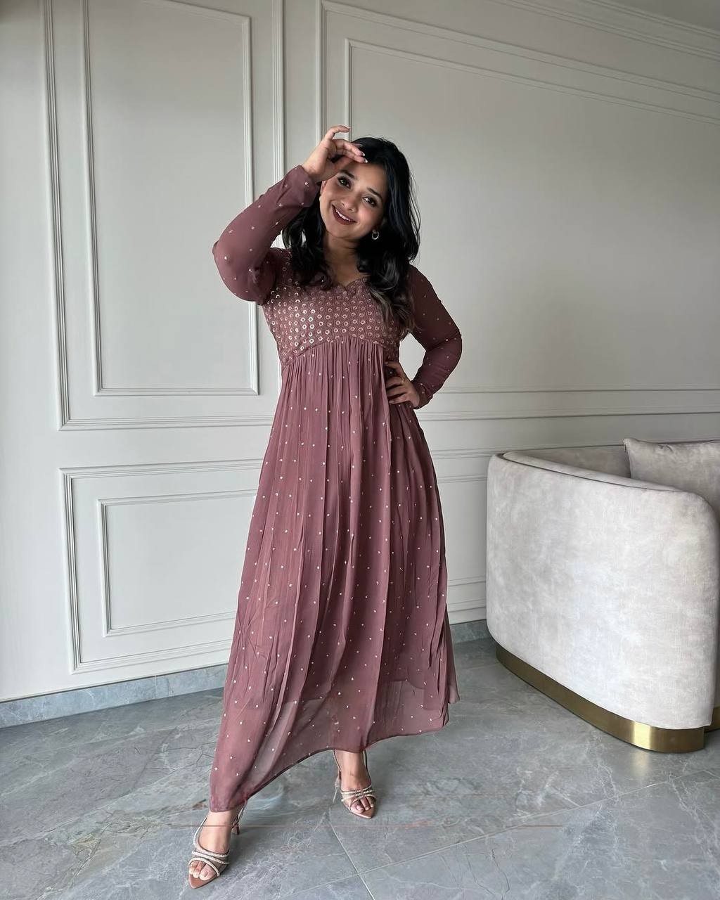 Designer Party Wear Look Brown Colour Gown