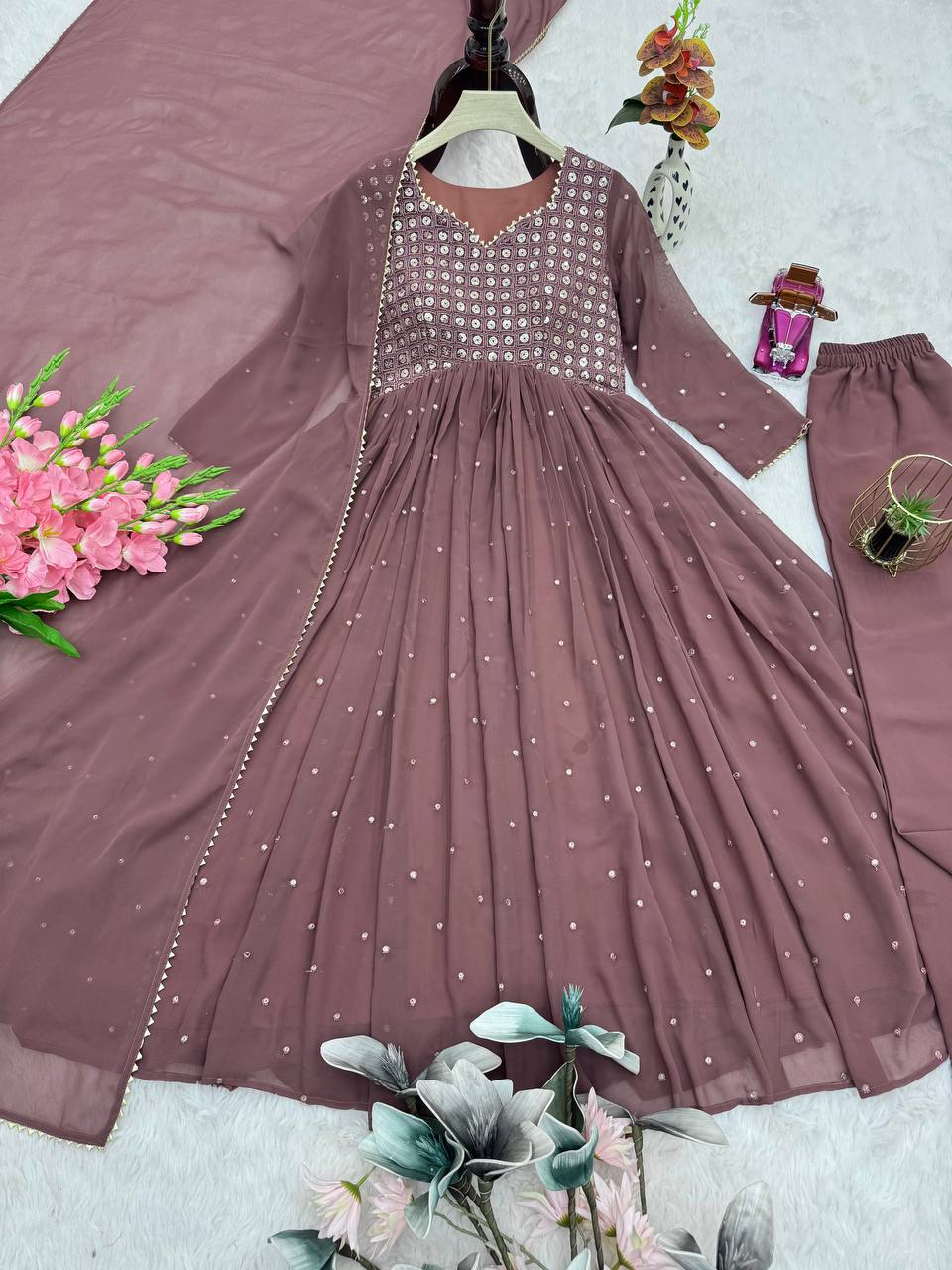Designer Party Wear Look Brown Colour Gown