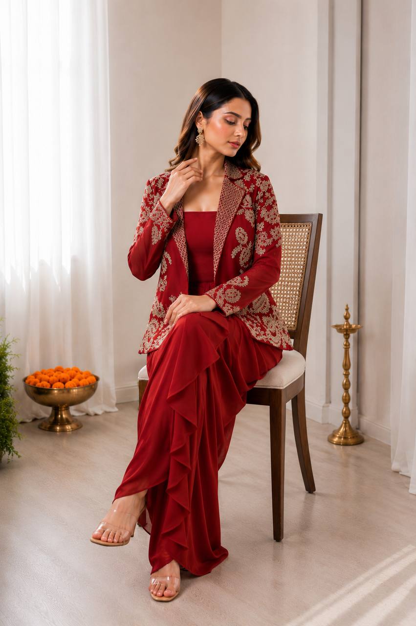 Experience effortless luxury with this premium Koti With Dhoti Lehega Maroon