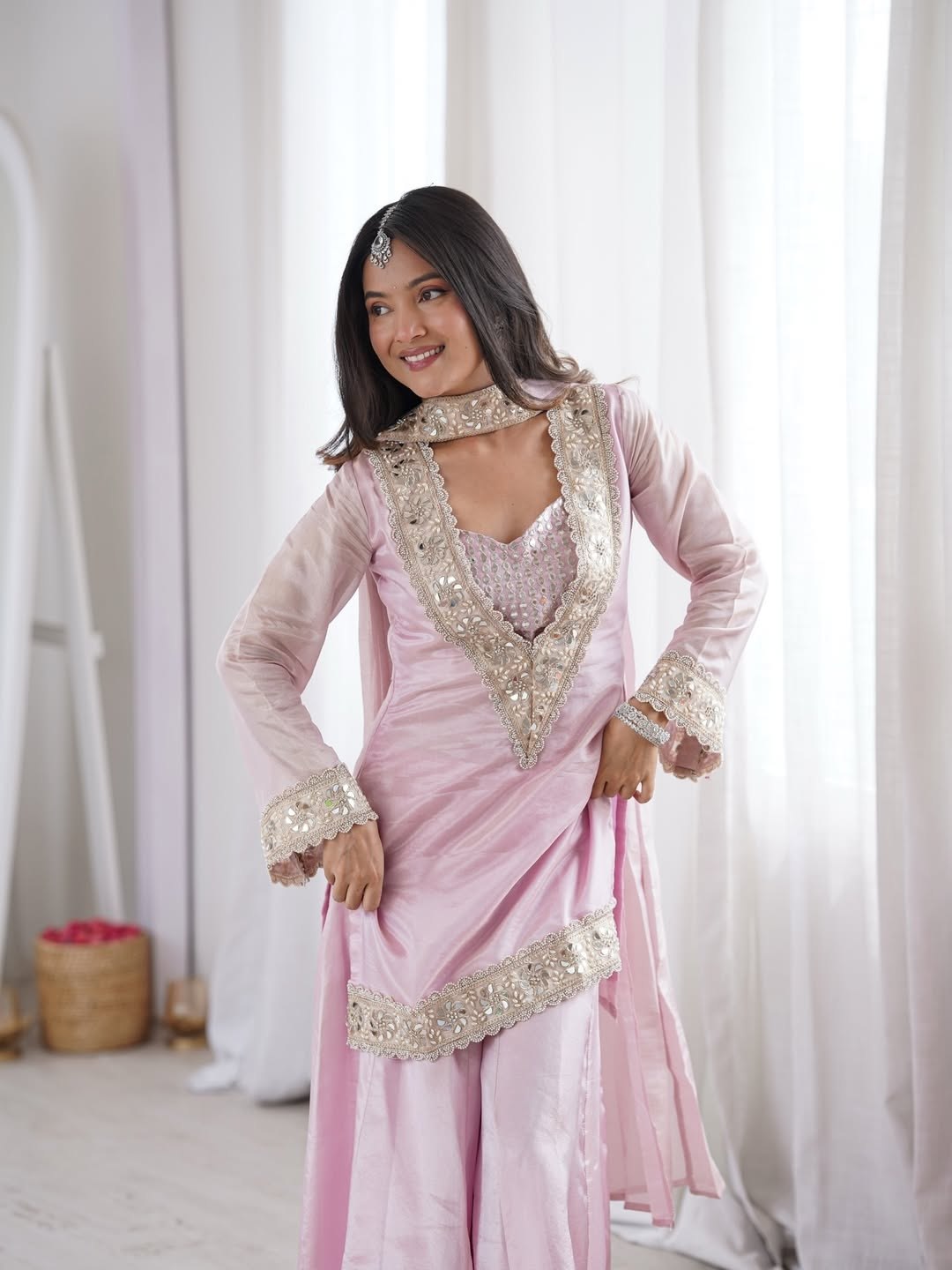 Premium Chinon 4 Piece Sharara Suit Set With Mirror, Diamond & Moti Work