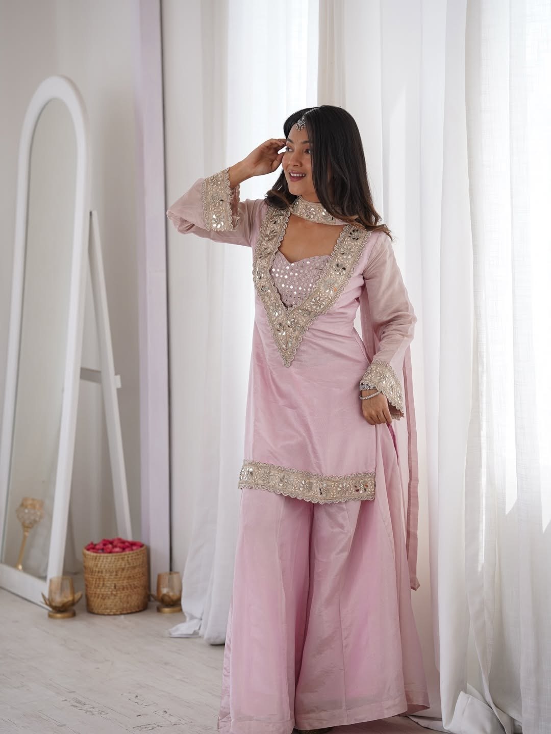 Premium Chinon 4 Piece Sharara Suit Set With Mirror, Diamond & Moti Work