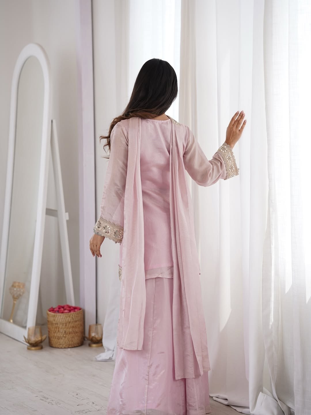 Premium Chinon 4 Piece Sharara Suit Set With Mirror, Diamond & Moti Work
