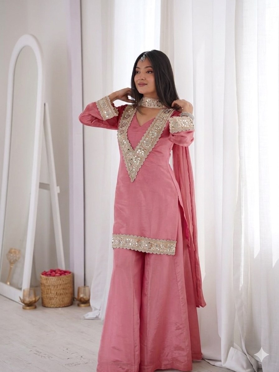 Premium Chinon 4 Piece Sharara Suit Set With Mirror, Diamond & Moti Work