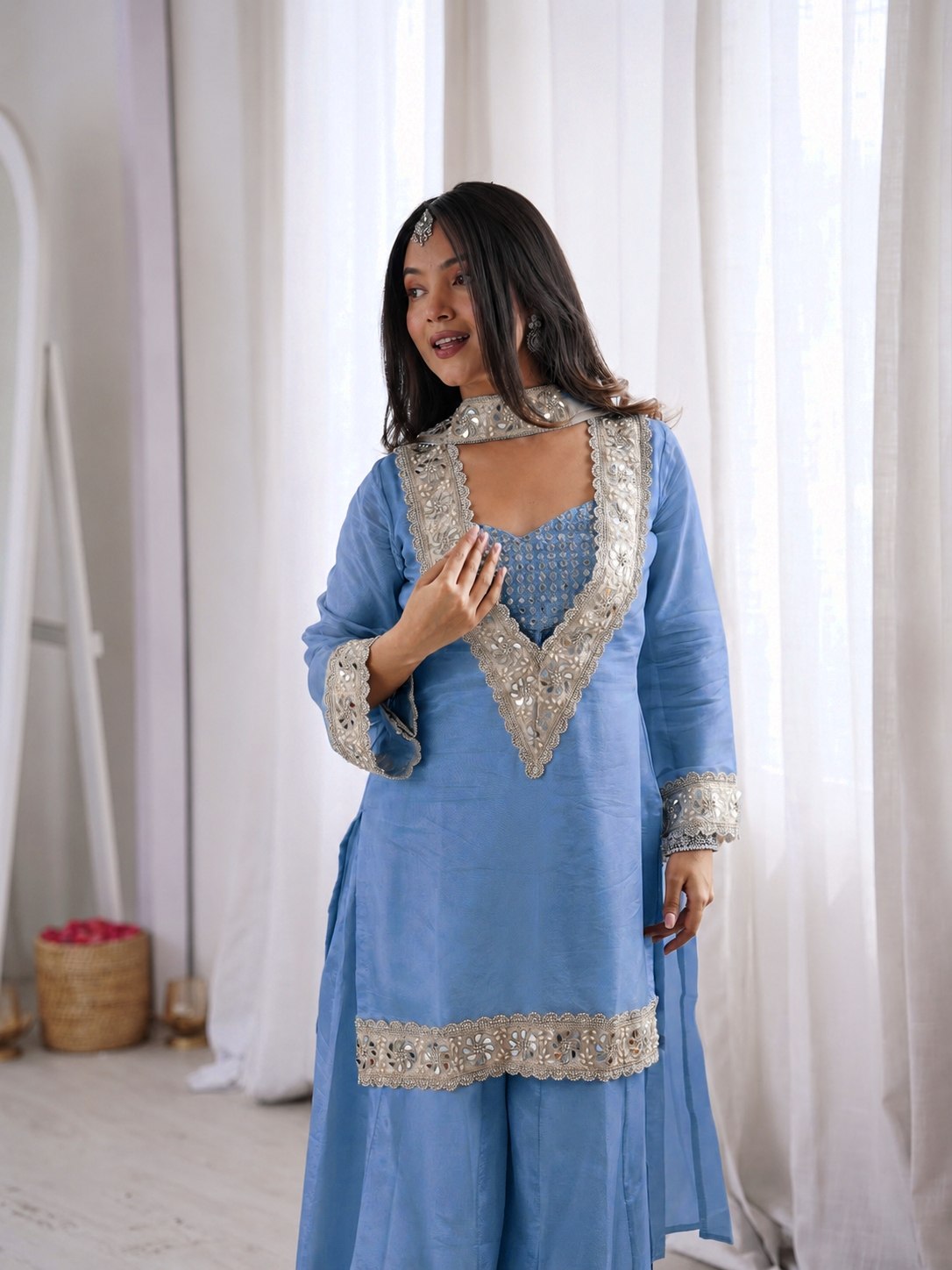 Premium Chinon 4 Piece Sharara Suit Set With Mirror, Diamond & Moti Work