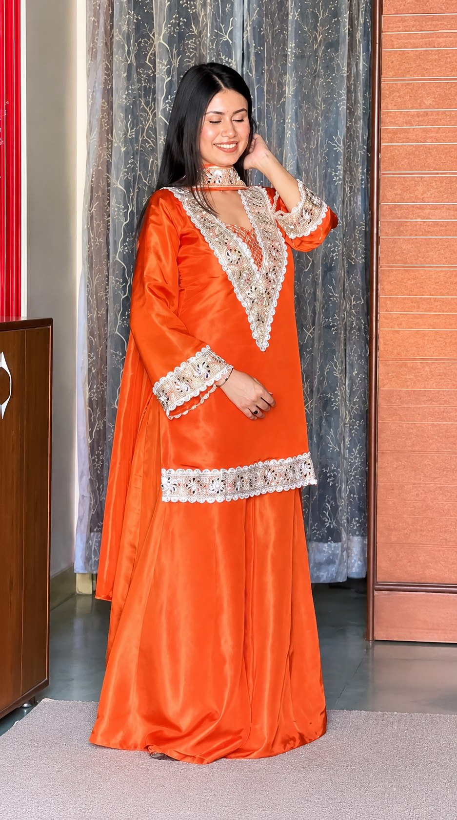 Premium Chinon 4 Piece Sharara Suit Set With Mirror, Diamond & Moti Work