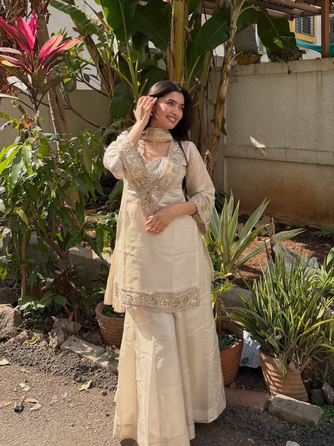 Premium Chinon 4 Piece Sharara Suit Set With Mirror, Diamond & Moti Work