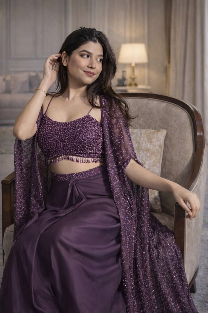 Designer Fancy indo-Western Style Heavy Crep Silk Fabric Sequins Embroidery Work Shrug
