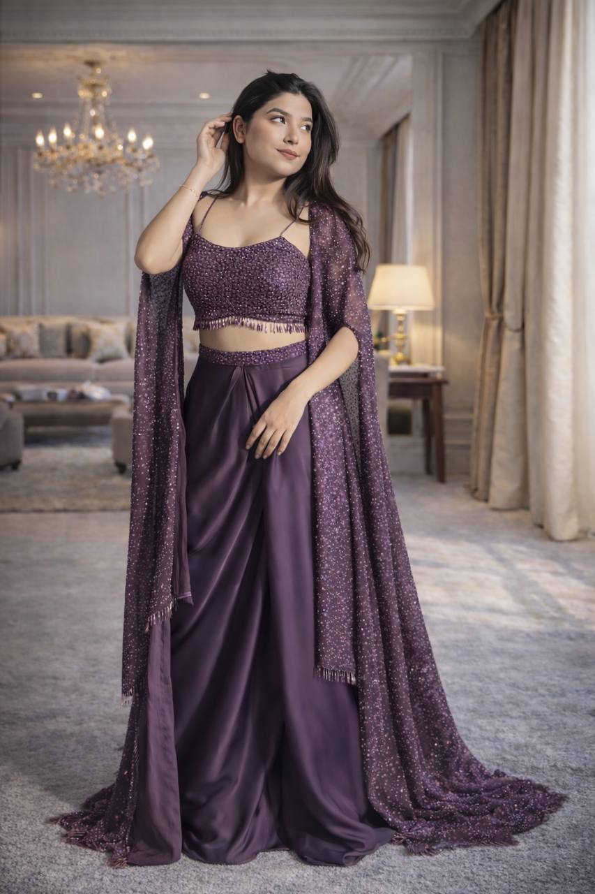 Designer Fancy indo-Western Style Heavy Crep Silk Fabric Sequins Embroidery Work Shrug