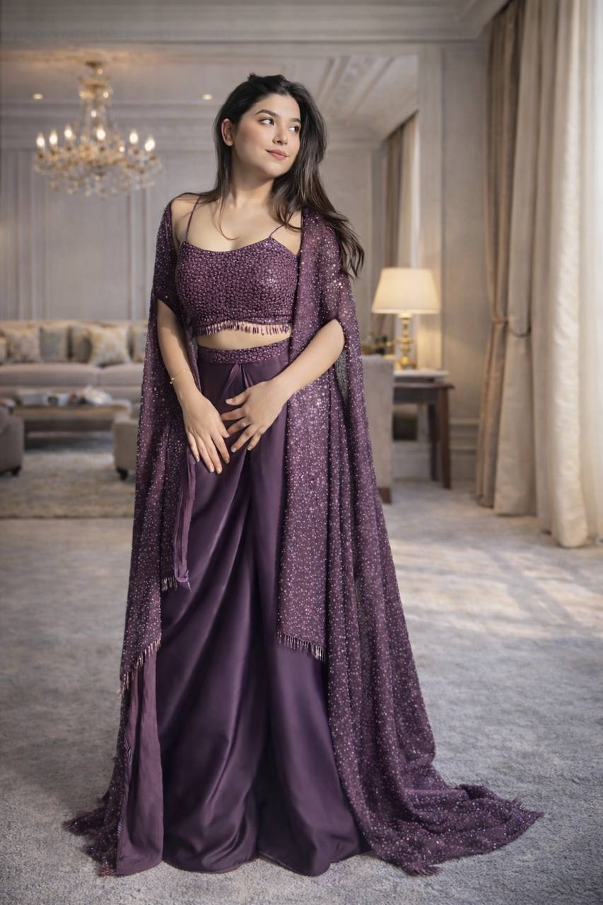 Designer Fancy indo-Western Style Heavy Crep Silk Fabric Sequins Embroidery Work Shrug