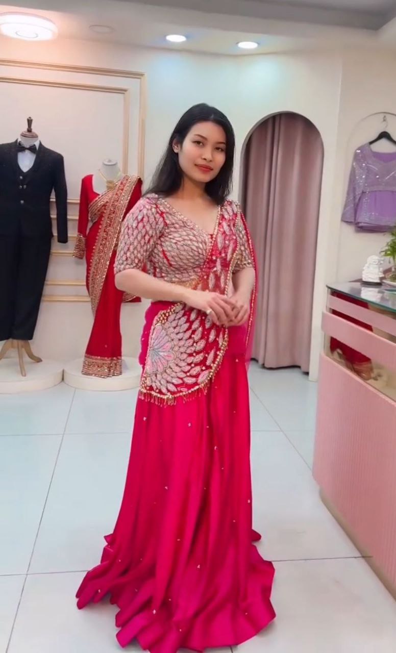 NEW DESIGNER PARTY WEAR LAHENGA SAREE WITH STICH BLOUSE WITH EMBROIDERY WORK