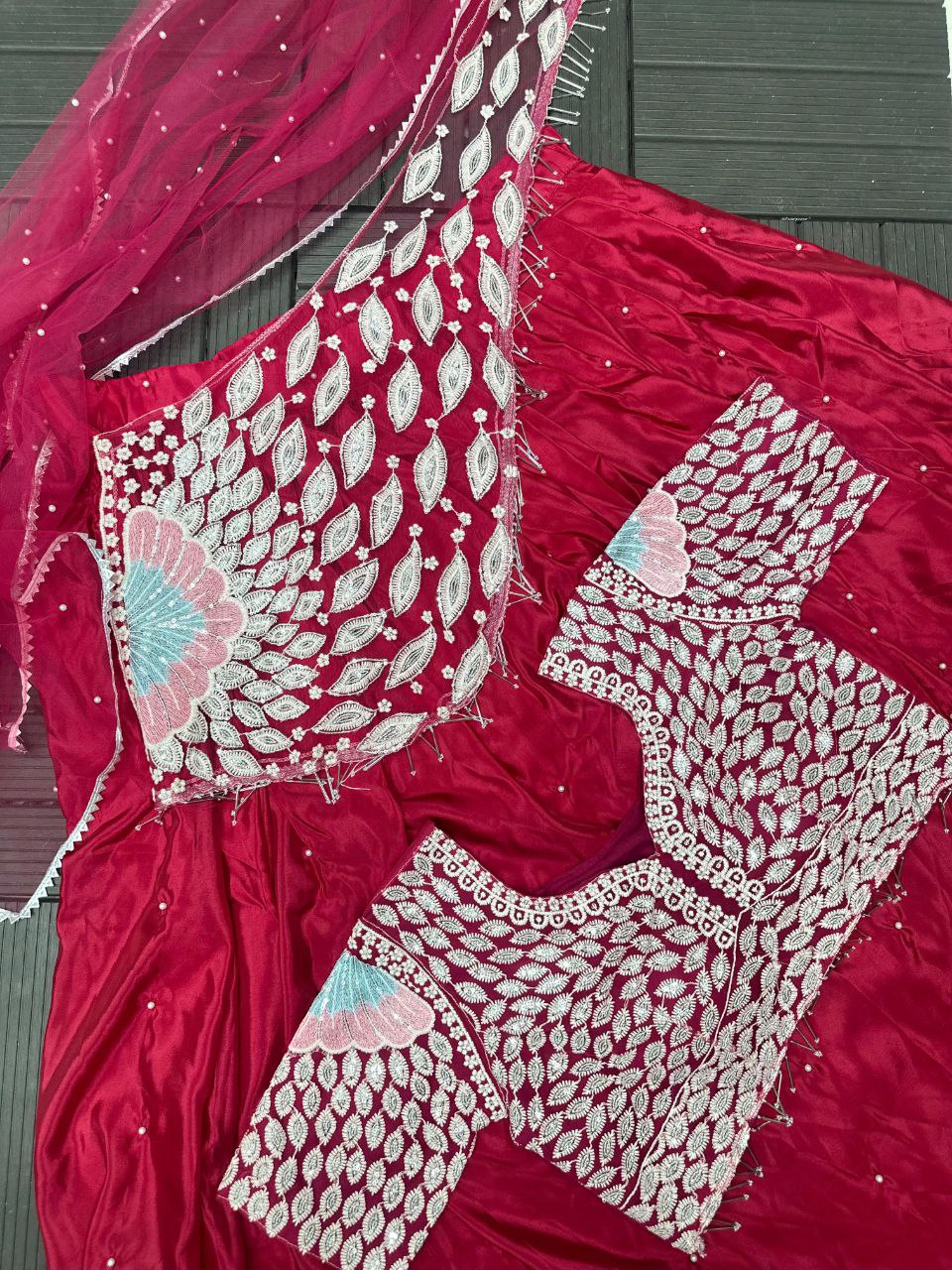 NEW DESIGNER PARTY WEAR LAHENGA SAREE WITH STICH BLOUSE WITH EMBROIDERY WORK