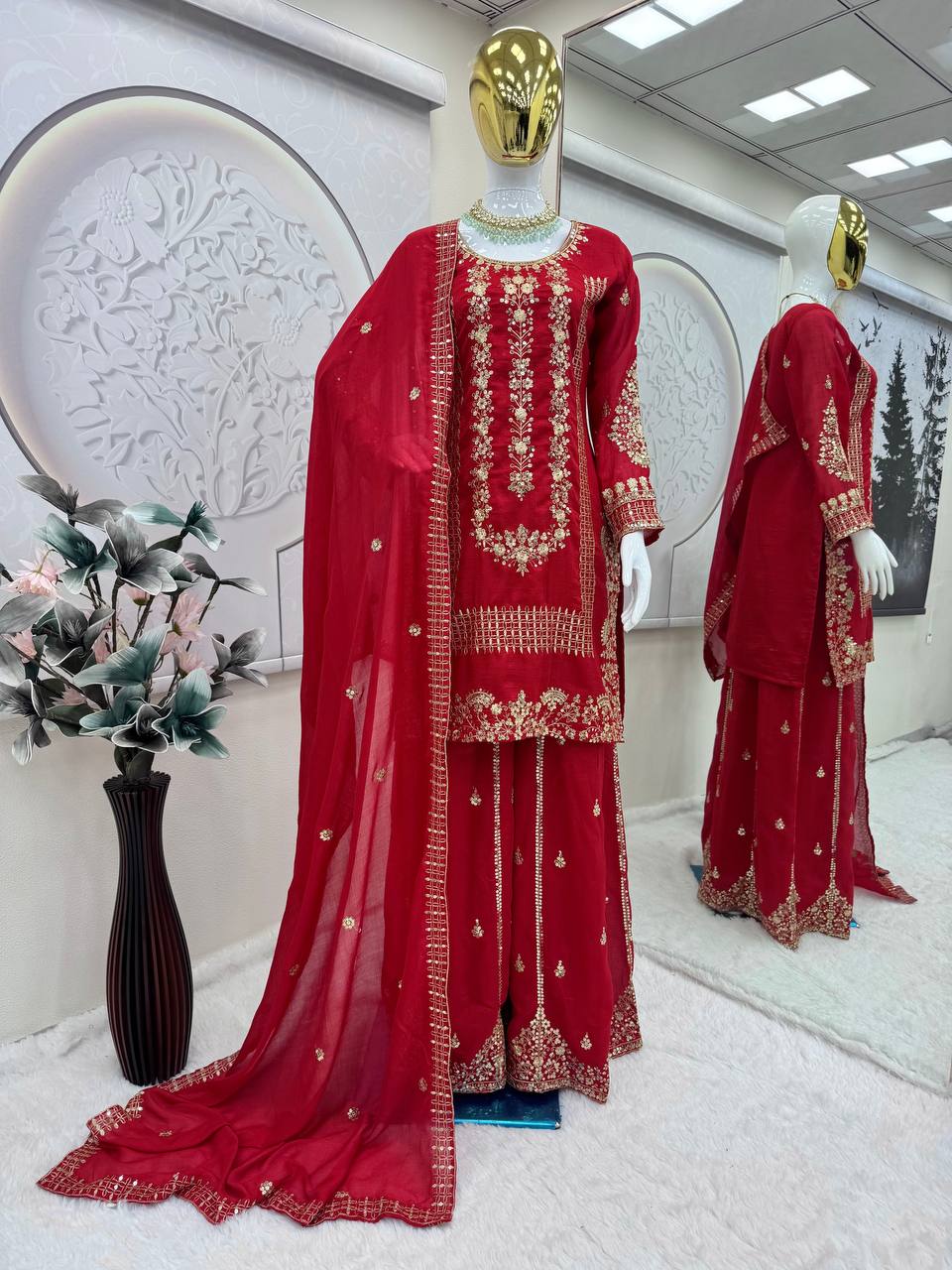 Karwa chauth Red & Rani Colour Designer Party Wear Look Collection Plazzo Top Set
