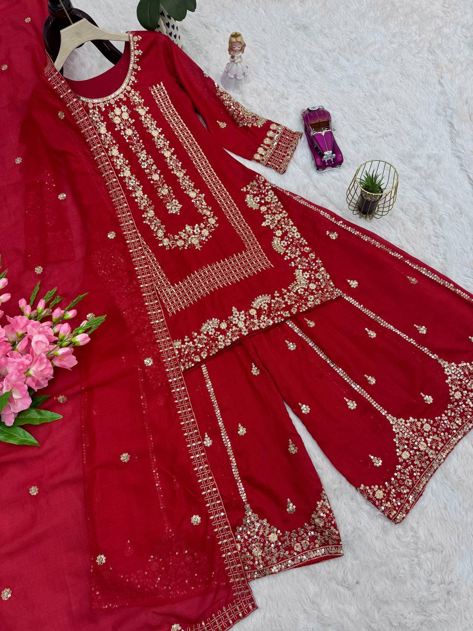 Karwa chauth Red & Rani Colour Designer Party Wear Look Collection Plazzo Top Set