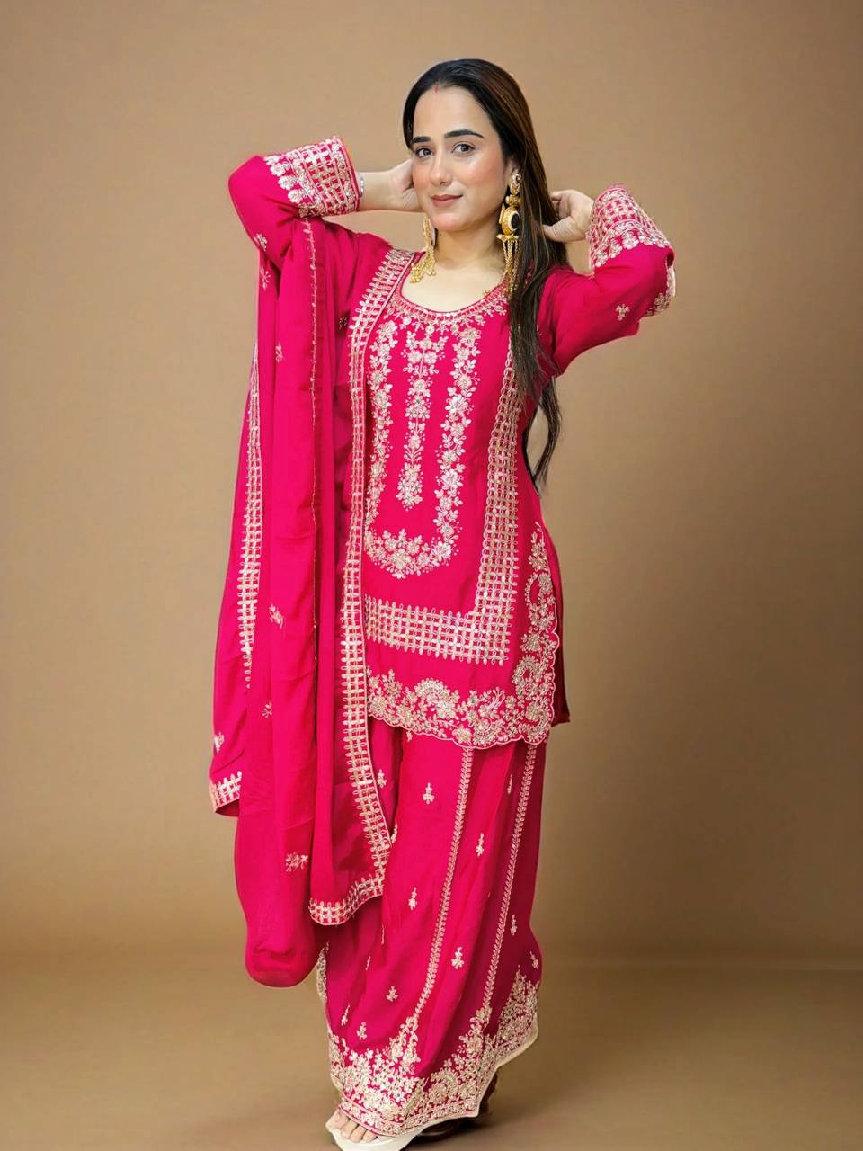 Karwa chauth Red & Rani Colour Designer Party Wear Look Collection Plazzo Top Set