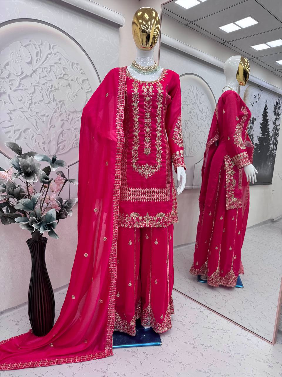 Karwa chauth Red & Rani Colour Designer Party Wear Look Collection Plazzo Top Set