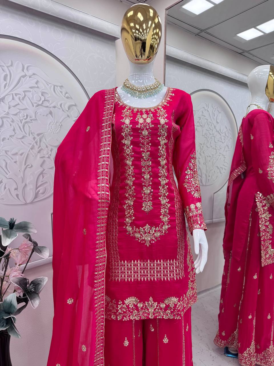 Karwa chauth Red & Rani Colour Designer Party Wear Look Collection Plazzo Top Set