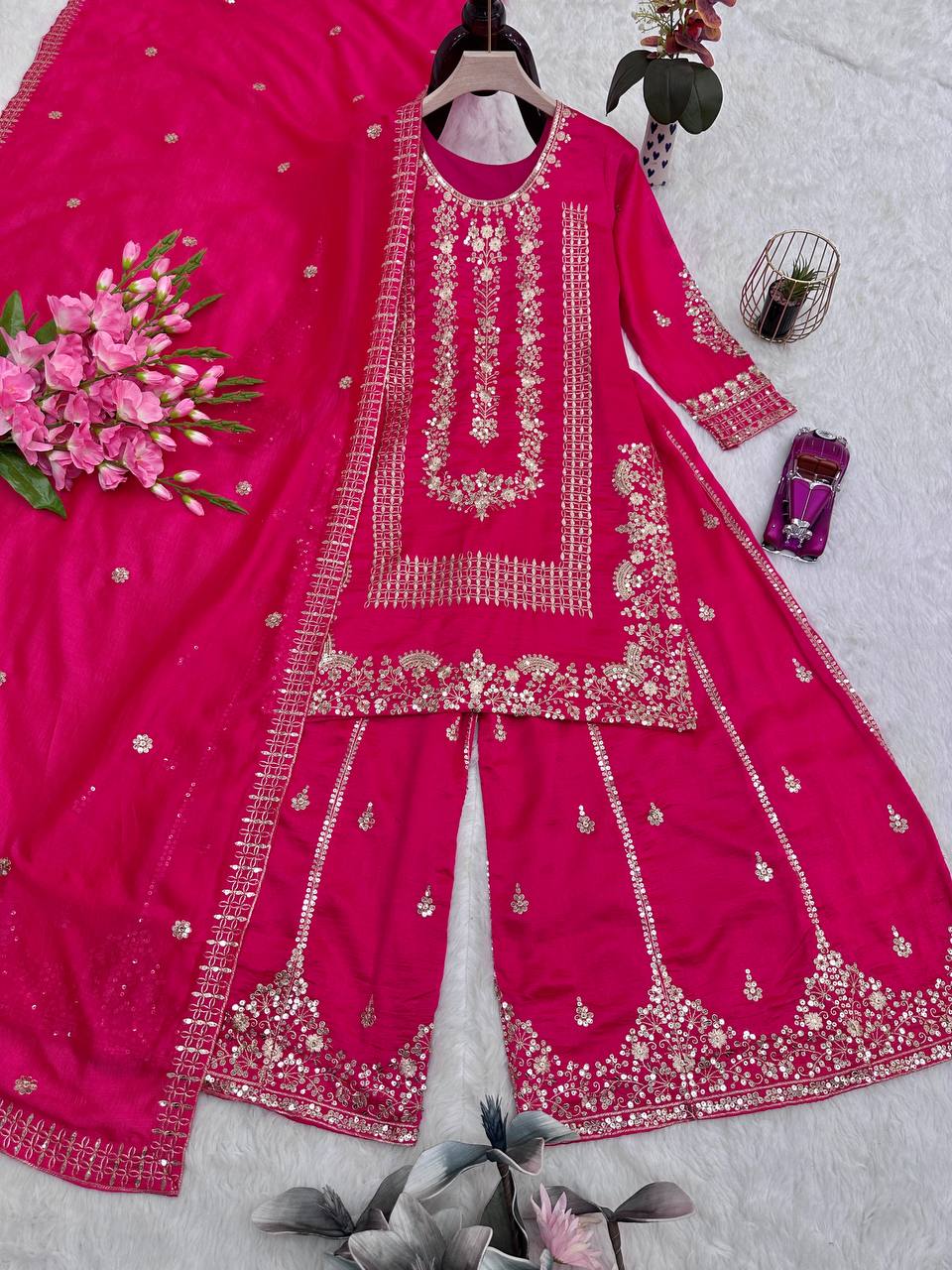 Karwa chauth Red & Rani Colour Designer Party Wear Look Collection Plazzo Top Set