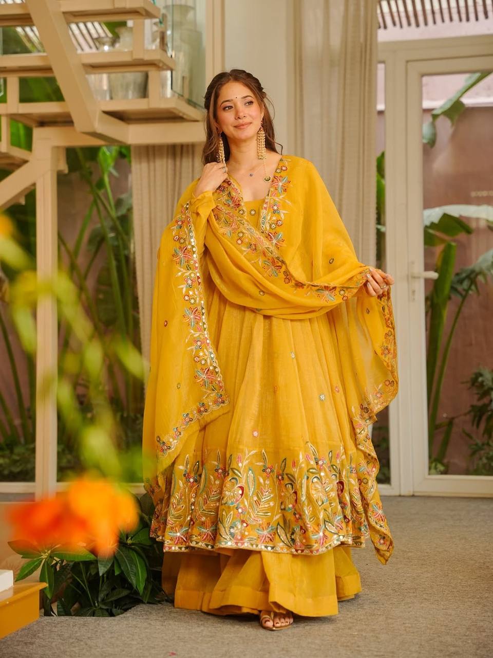 Designer Anarkali With Plazoo Set Musterd