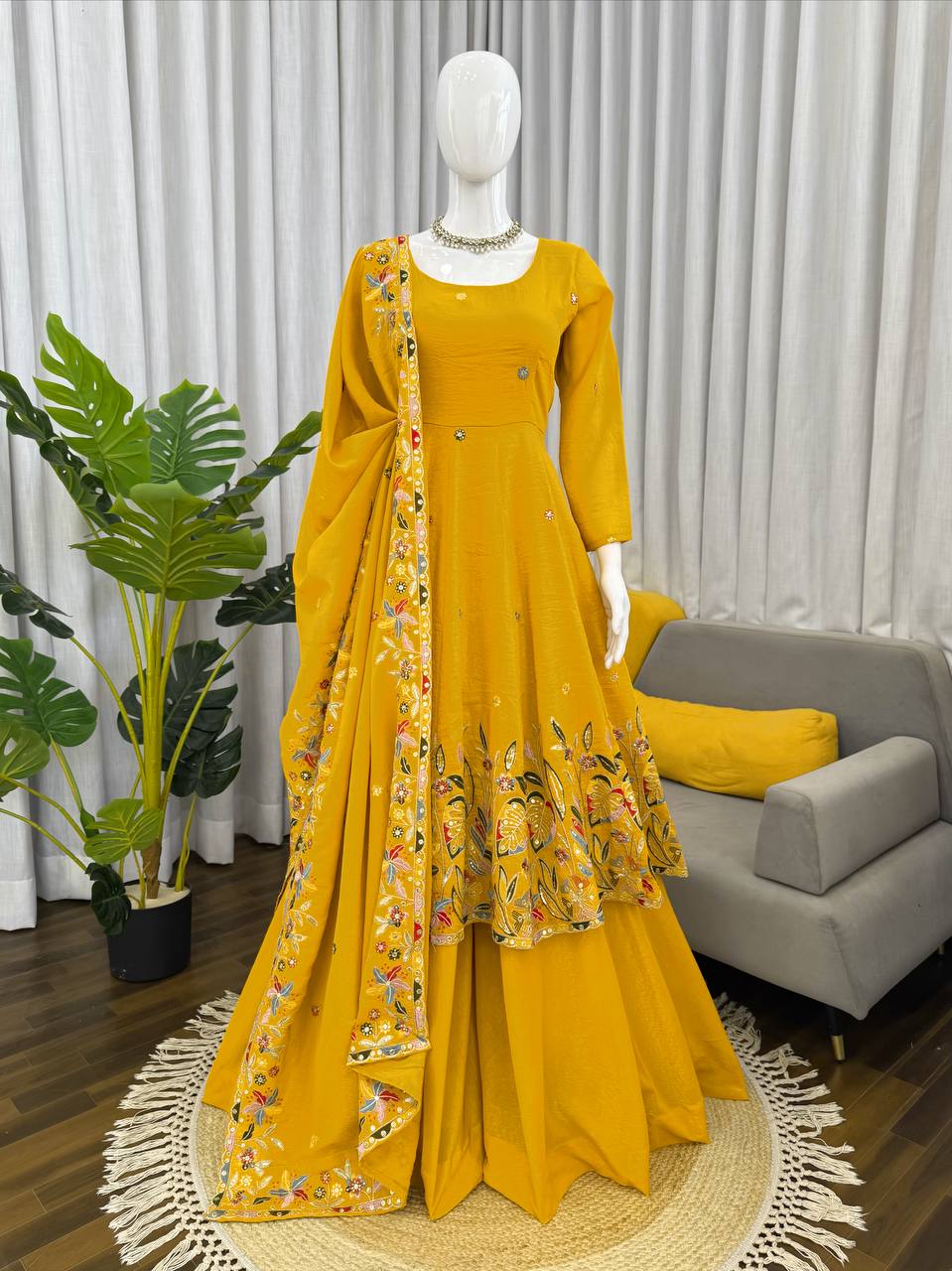 Designer Anarkali With Plazoo Set Musterd