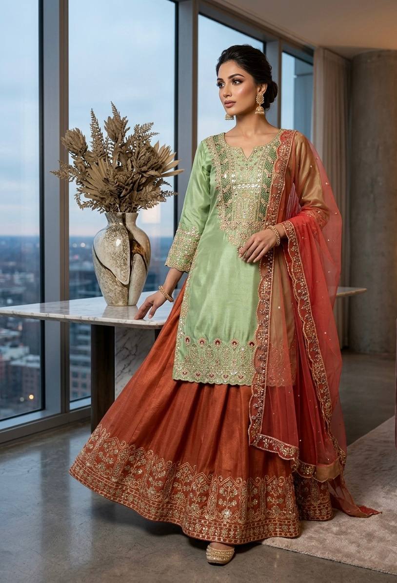Letest new Bollywood Style plazzo Set With Top Pista Colour