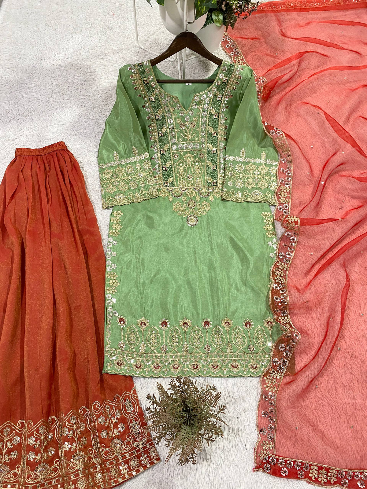 Letest new Bollywood Style plazzo Set With Top Pista Colour
