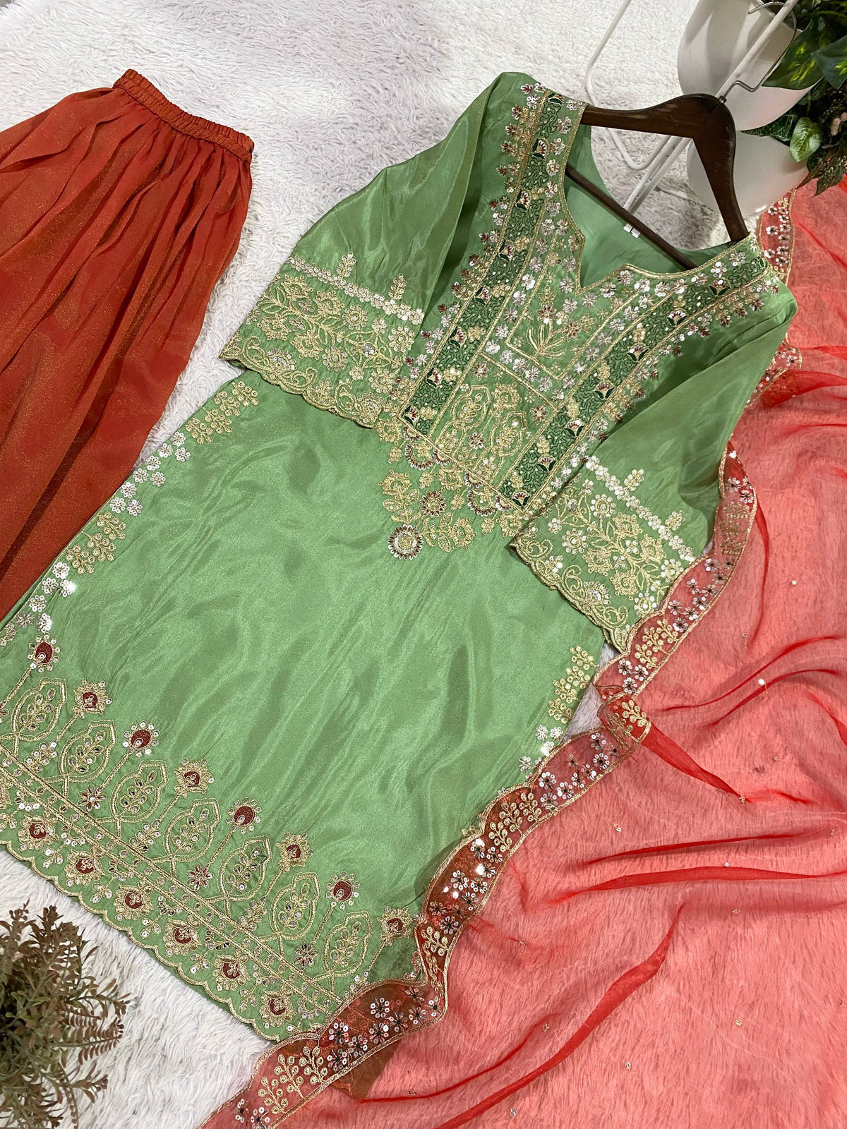 Letest new Bollywood Style plazzo Set With Top Pista Colour