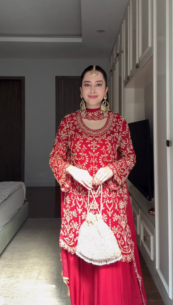 Designer Sharara Set – Elegant Ethnic Wear Red Colour