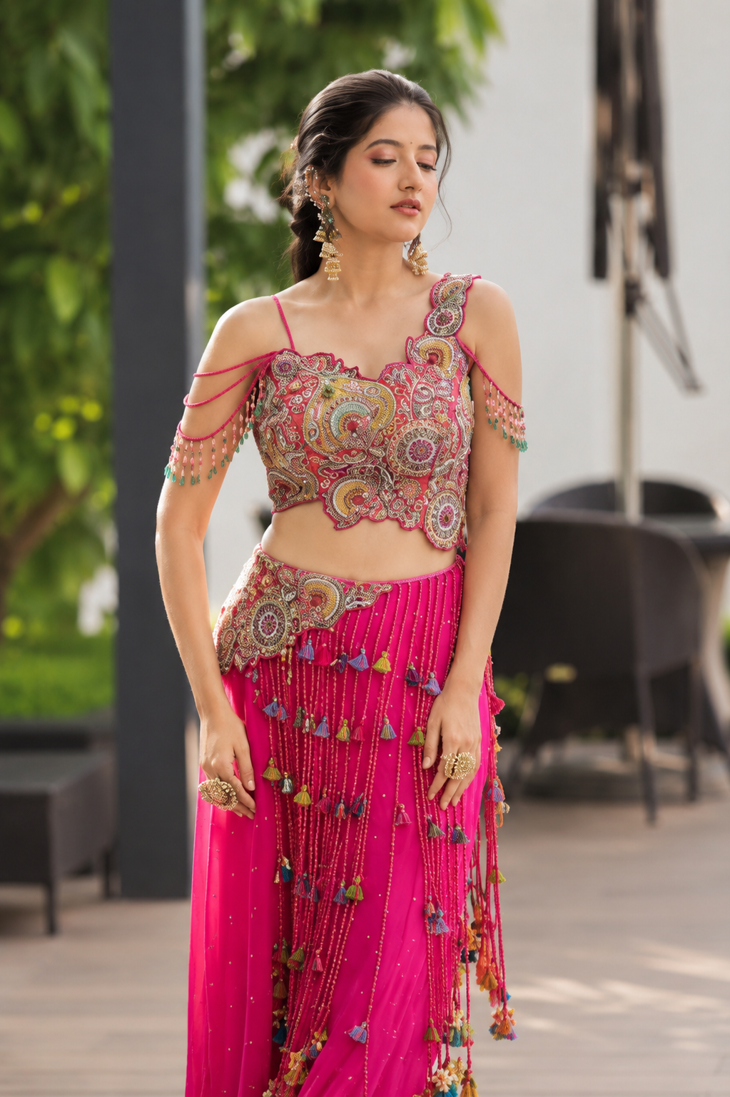 Rani Pink Tassel Embroidered Indo-Western Palazzo Set for Women