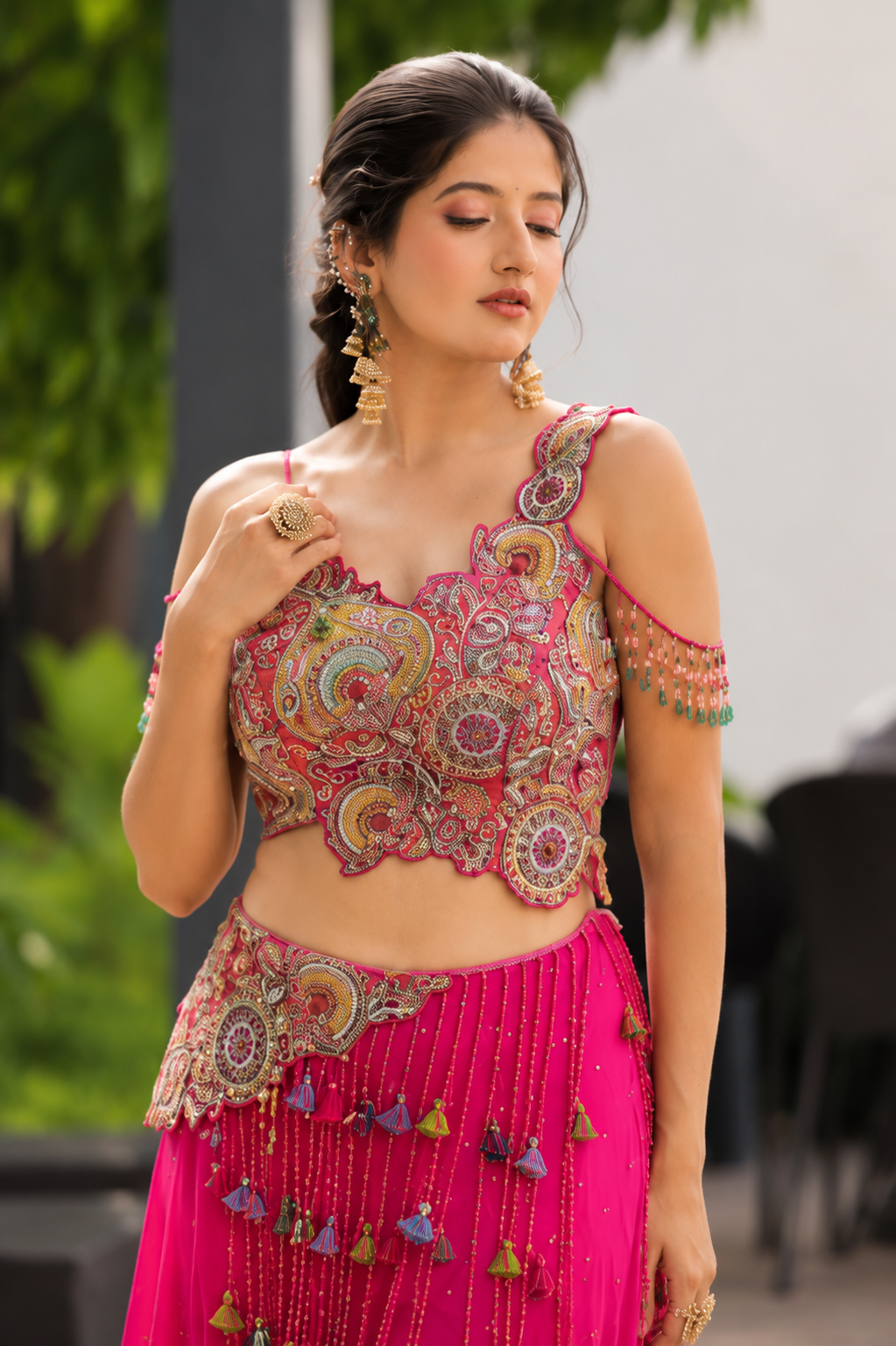 Rani Pink Tassel Embroidered Indo-Western Palazzo Set for Women