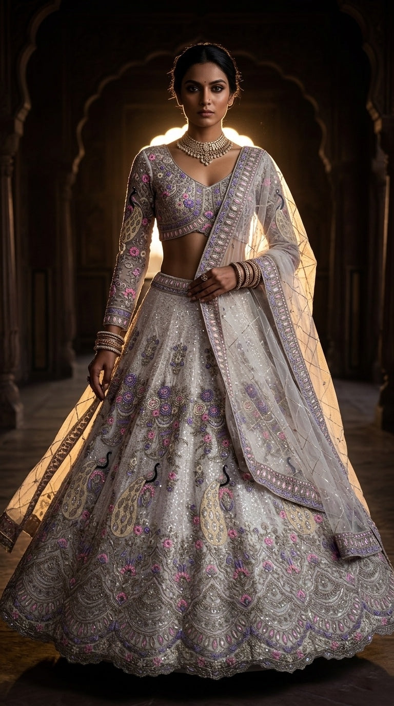 Regal Silver Embroidered Lehenga with Intricate Paisley Elegance