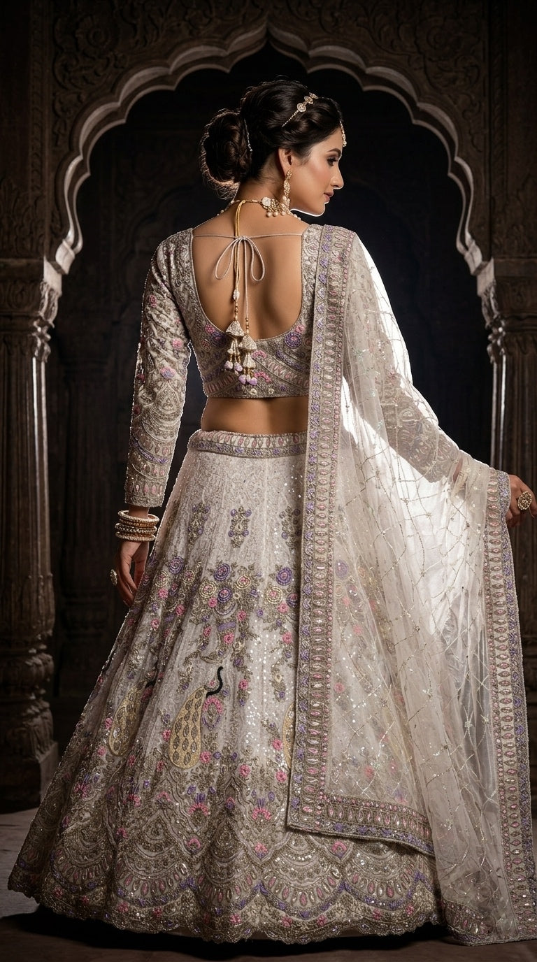 Regal Silver Embroidered Lehenga with Intricate Paisley Elegance