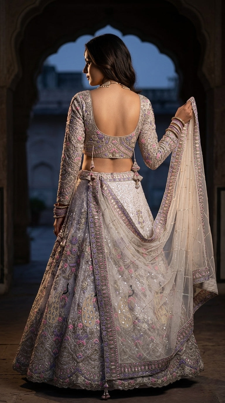 Regal Silver Embroidered Lehenga with Intricate Paisley Elegance