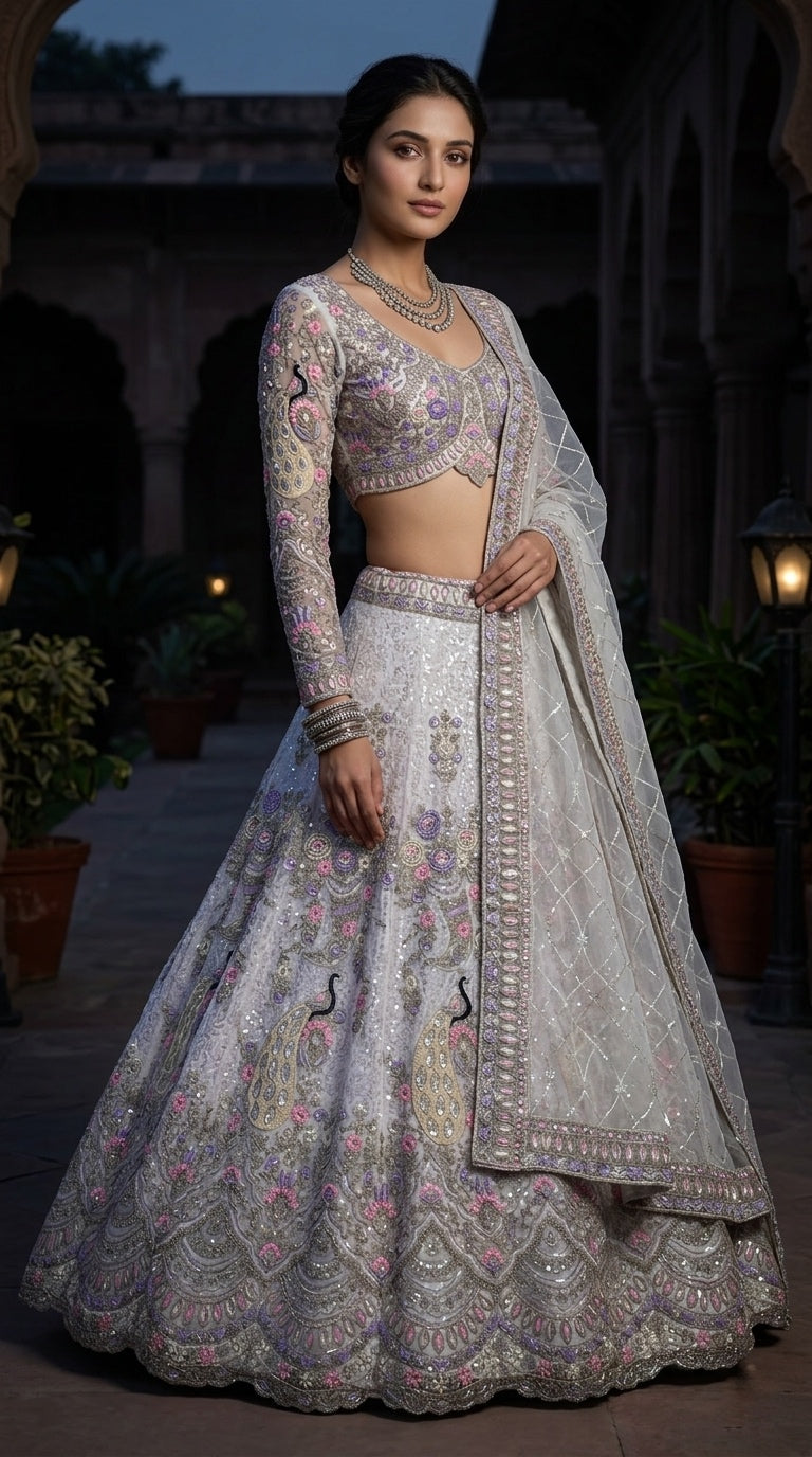 Regal Silver Embroidered Lehenga with Intricate Paisley Elegance