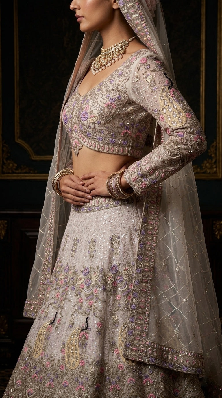 Regal Silver Embroidered Lehenga with Intricate Paisley Elegance