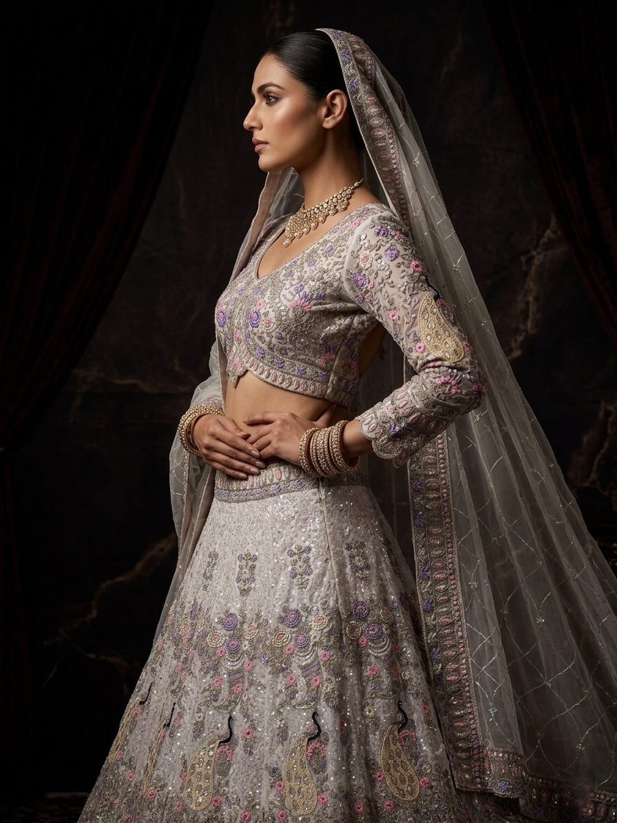 Regal Silver Embroidered Lehenga with Intricate Paisley Elegance