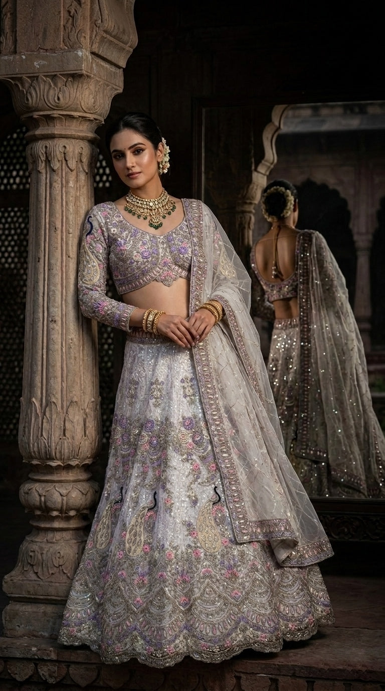 Regal Silver Embroidered Lehenga with Intricate Paisley Elegance