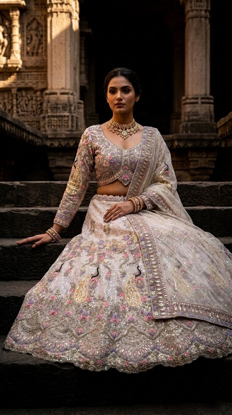 Regal Silver Embroidered Lehenga with Intricate Paisley Elegance