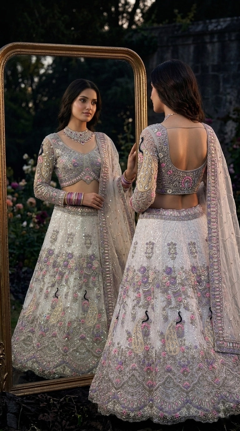 Regal Silver Embroidered Lehenga with Intricate Paisley Elegance