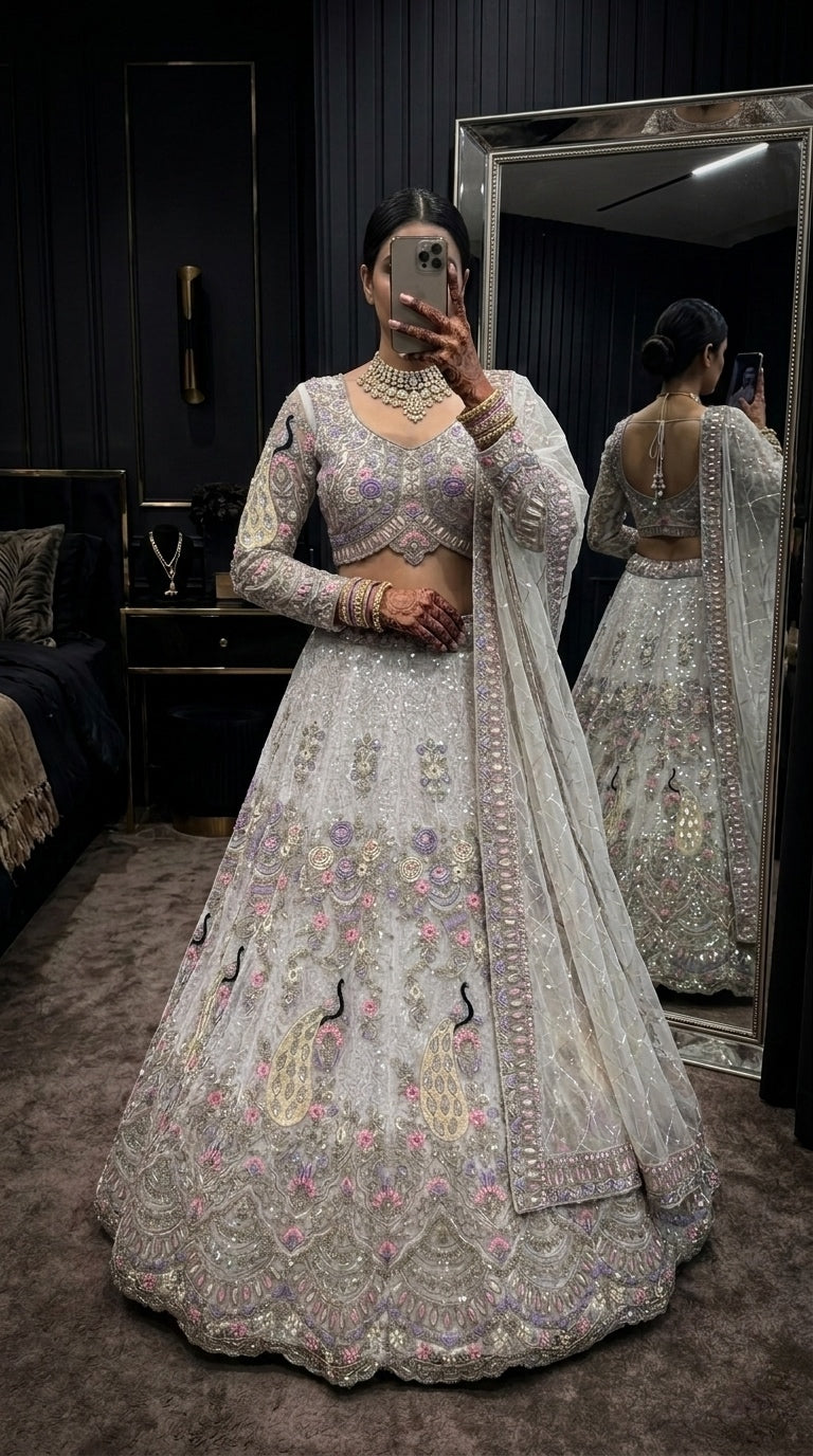 Regal Silver Embroidered Lehenga with Intricate Paisley Elegance