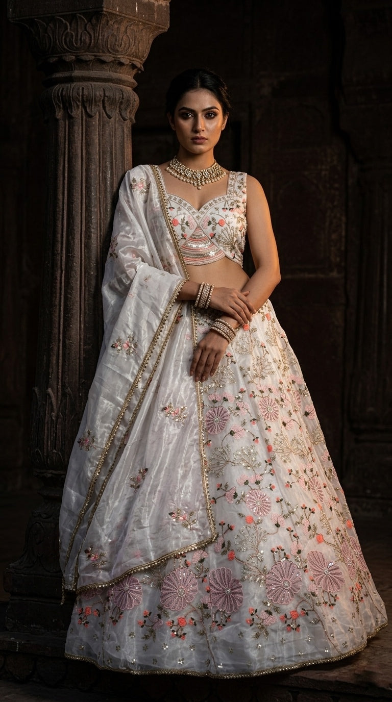 Elegant Ivory Floral Embroidered Bridal Lehenga with Timeless Grace