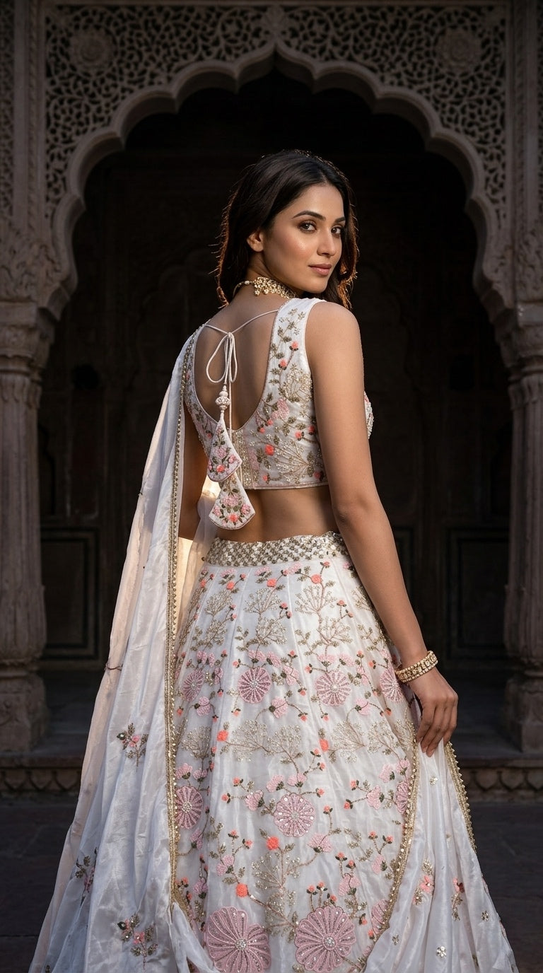 Elegant Ivory Floral Embroidered Bridal Lehenga with Timeless Grace