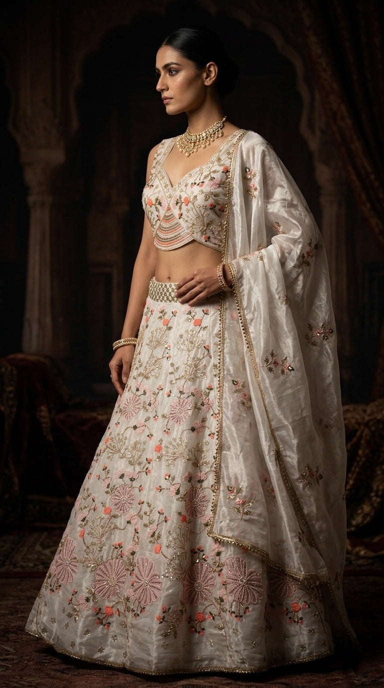 Elegant Ivory Floral Embroidered Bridal Lehenga with Timeless Grace