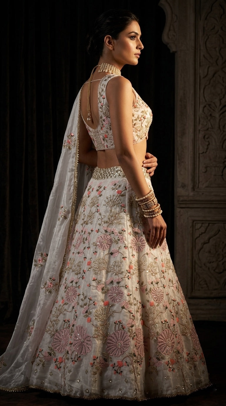 Elegant Ivory Floral Embroidered Bridal Lehenga with Timeless Grace