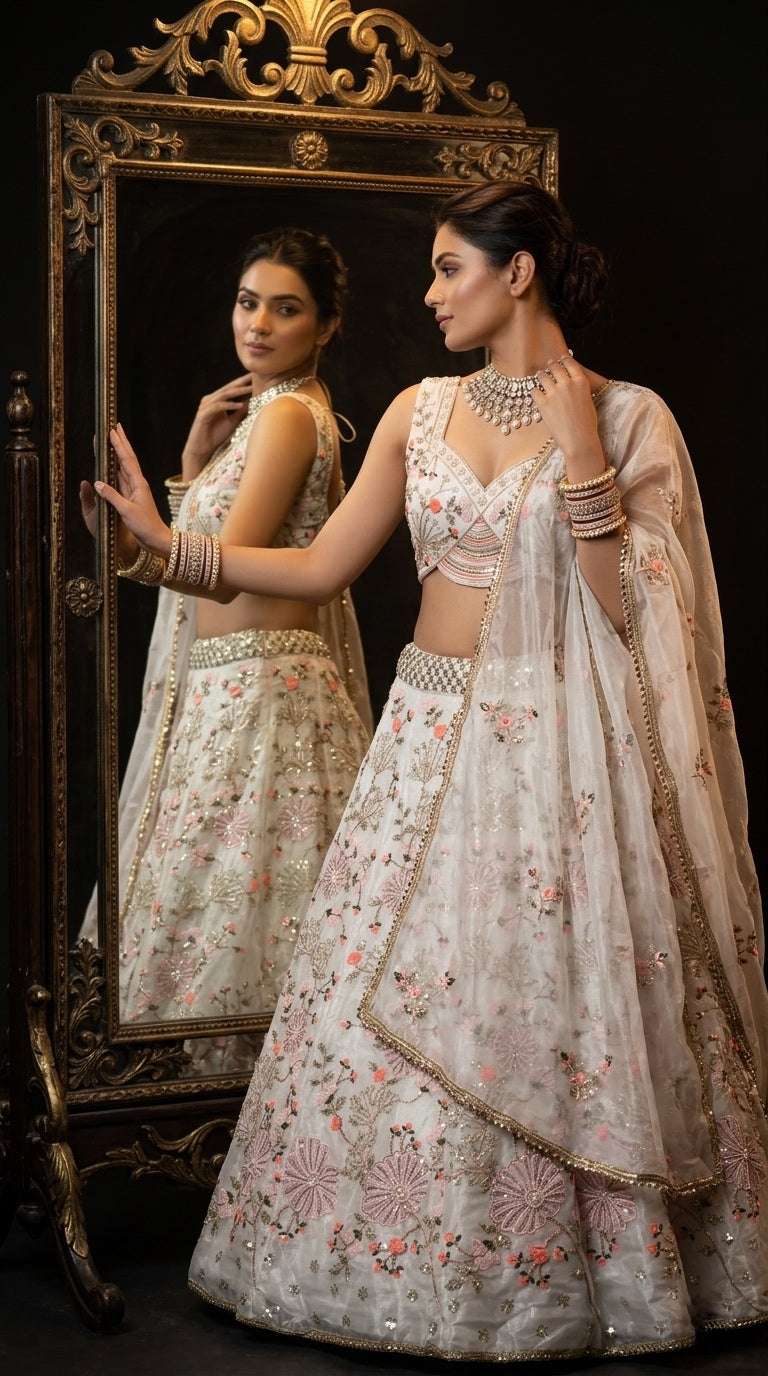 Elegant Ivory Floral Embroidered Bridal Lehenga with Timeless Grace